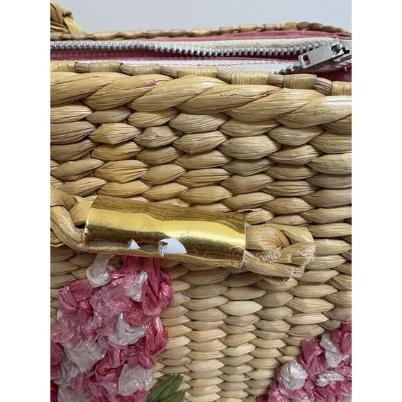 Mantessa Woven Straw Raffia Flower Tote Bag Pink White Boho Cottagecore - Picture 7 of 13